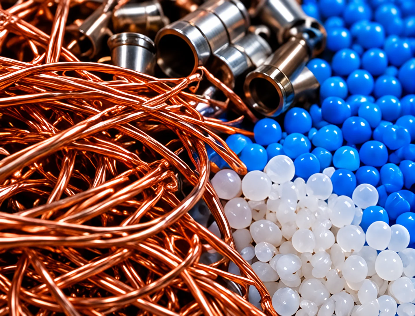 Copper, recovered metal components and reprocessed plastic pellets